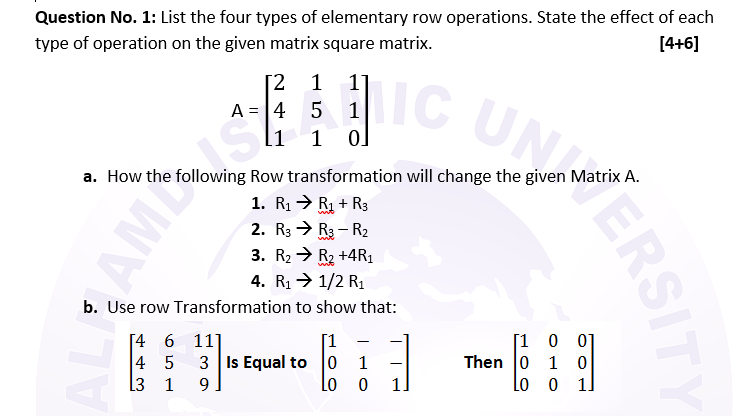 Solved Question No. 1 List the four types of elementary row