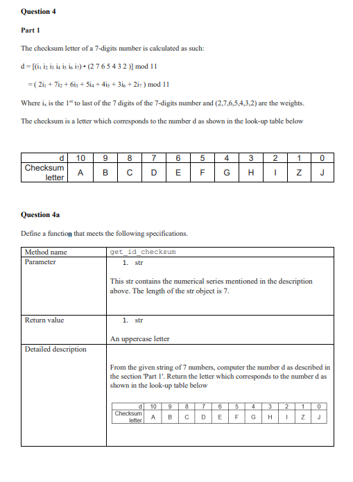 Solved Question 4 Part 1 The checksum letter of a 7-digits | Chegg.com