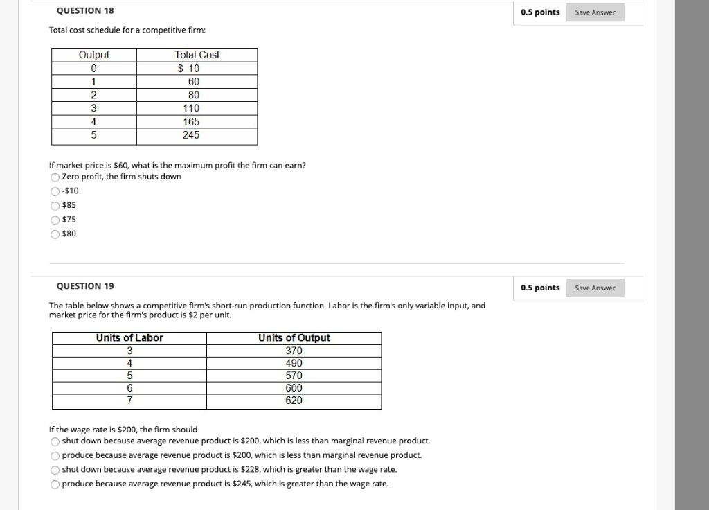 Solved 0.5 points Save Answer QUESTION 18 Total cost | Chegg.com