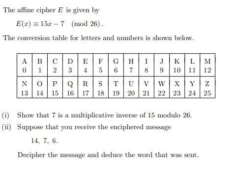 Solved The affine cipher E is given by E(x) = 150 - 7 (mod | Chegg.com