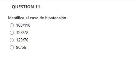 Identifica el caso de hipotensión. \( 160 / 110 \) \( 128 / 78 \) \( 120 / 70 \) \( 90 / 55 \)