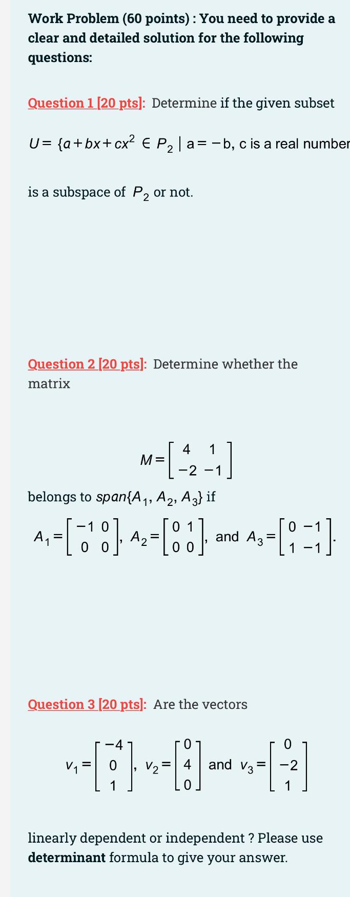 Solved Work Problem (60 points) : You need to provide a | Chegg.com