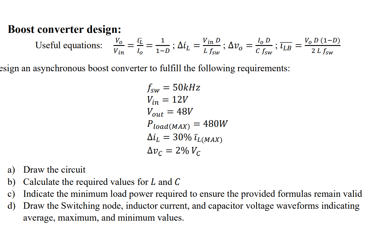 Solved Boost converter design: Useful equations: To V 1.D = | Chegg.com