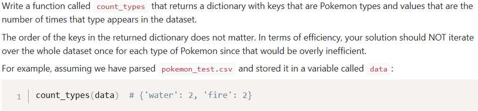 Write a function called count_types that returns a dictionary with keys that are Pokemon types and values that are the number