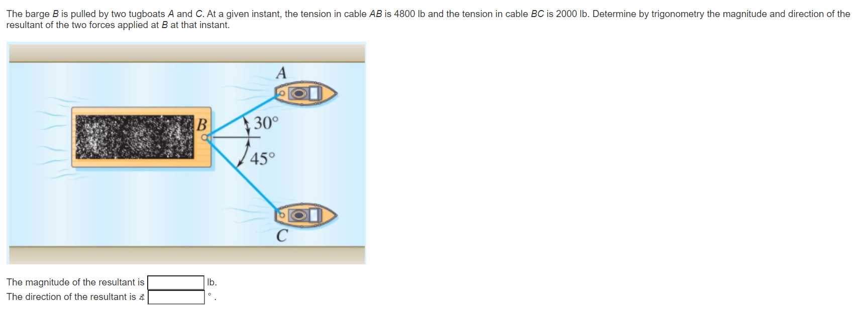 Solved The Barge B Is Pulled By Two Tugboats A And C. At A | Chegg.com