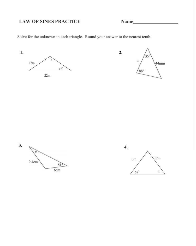 Solved LAW OF SINES PRACTICE Name Solve for the unknown in  Chegg.com Intended For Law Of Sines Worksheet Answers