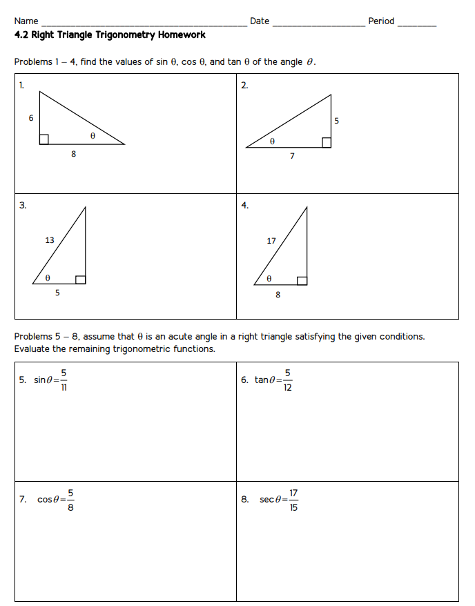 right triangle trigonometry homework 4.2