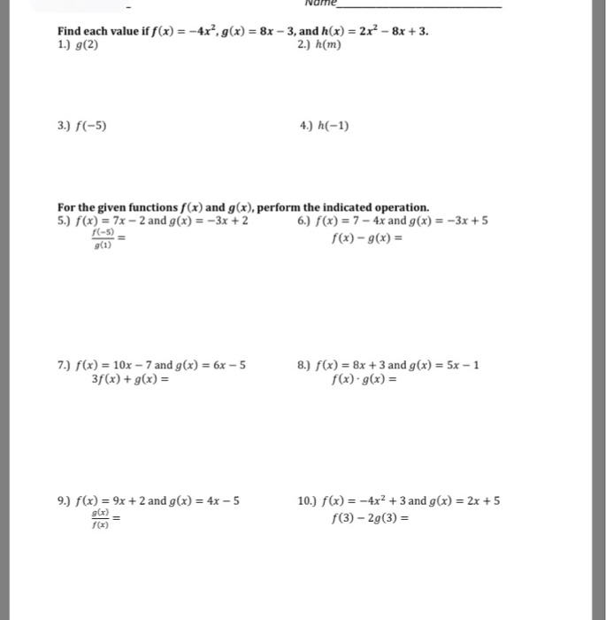 Solved Name Find each value if f(x)--4x2.9(x)-8x-3, and h | Chegg.com