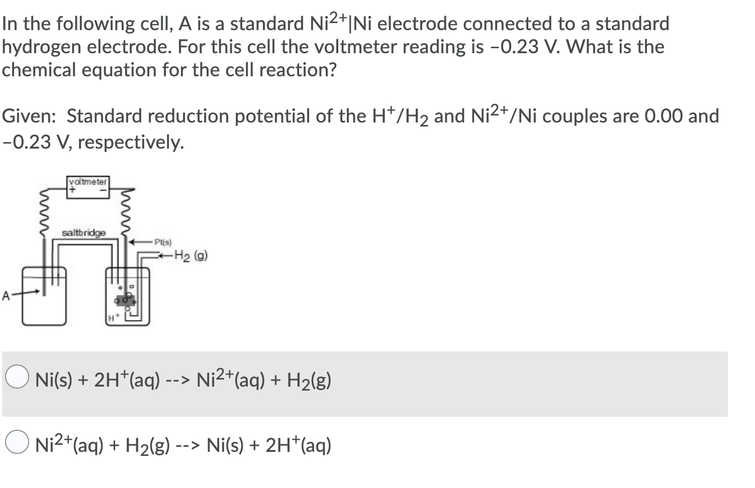 Solved In the following cell, A is a standard Ni2+1 Ni