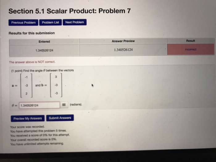 Solved Section 5.1 Scalar Product: Problem 7 Previous | Chegg.com