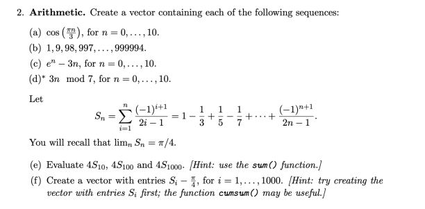 Solved 2 Arithmetic Create A Vector Containing Each Of Chegg Com