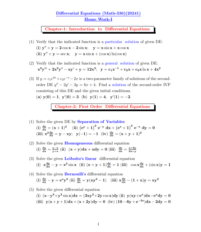 Solved Differential Equations (Math-336)(20241) Home Work-I | Chegg.com