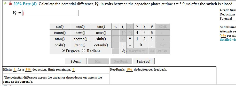 Solved (7%) Problem 11: A Capacitor Of Capacitance C 3 F Has | Chegg.com