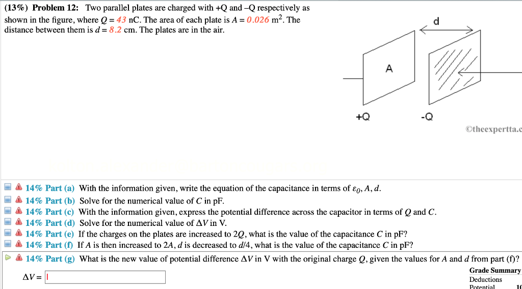 Solved (13%) Problem 12: Two parallel plates are charged | Chegg.com