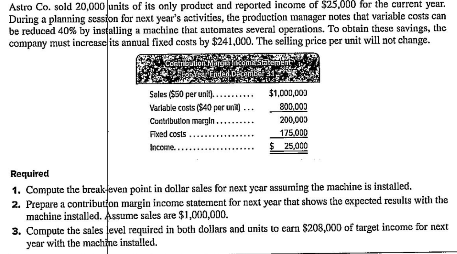 Solved Astro Co. sold 20,000 units of its only product and