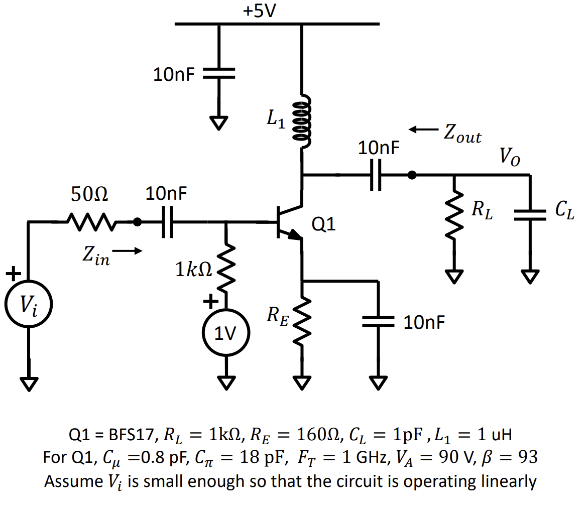 Solved Q1=BFS17,RL=1kΩ,RE=160Ω,CL=1pF,L1=1uH For Q1, | Chegg.com