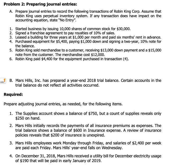 Solved Problem 2: Preparing journal entries: A. Prepare | Chegg.com