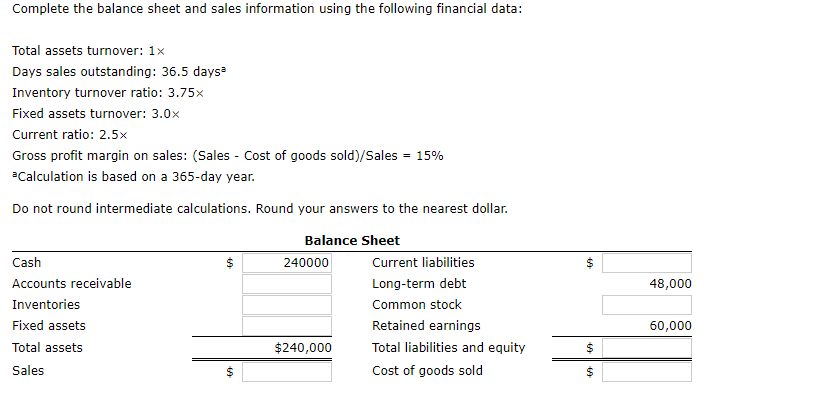 Solved Complete The Balance Sheet And Sales Information | Chegg.com