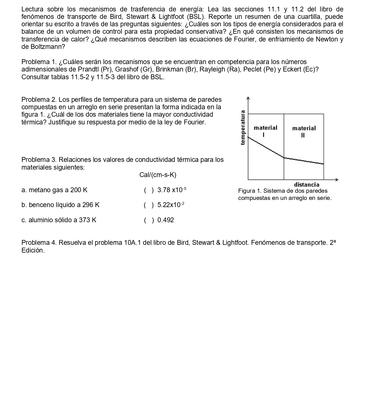 Lectura sobre los mecanismos de trasferencia de energía: Lea las secciones 11.1 y 11.2 del libro de fenómenos de transporte d