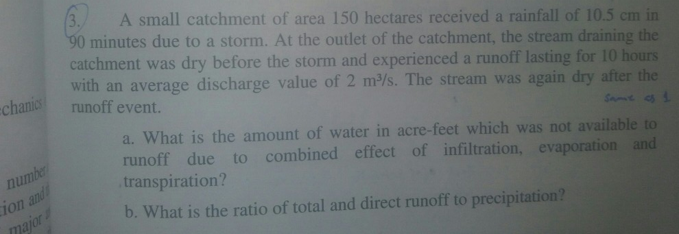 Solved 3 A Small Catchment Of Area 150 Hectares Received Chegg Com