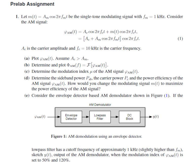 Solved Prelab Assignment 1. Let m(t)Am cos 2T mt be the | Chegg.com