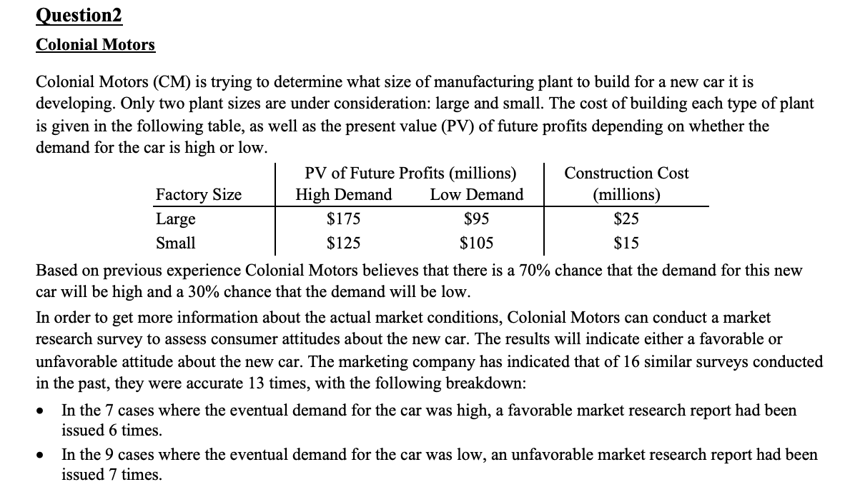Solved Question2 Colonial Motors Colonial Motors (CM) is