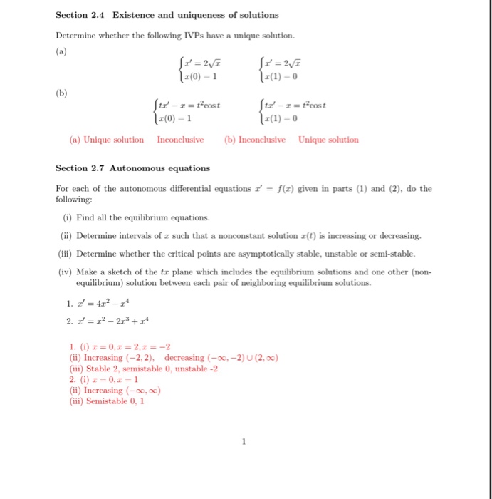 Solved Section 2.4 Existence and uniqueness of solutions | Chegg.com