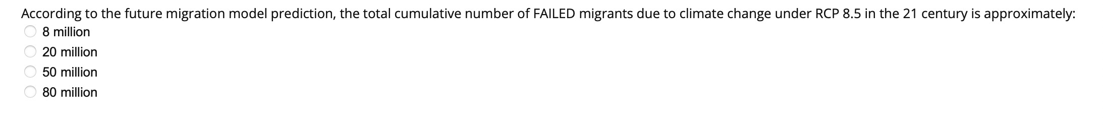 According to the future migration model prediction, the total cumulative number of FAILED migrants due to climate change unde