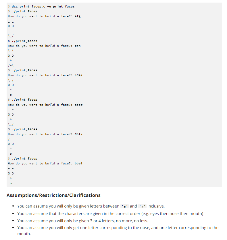 Solved Write a program print_faces.c that creates a face | Chegg.com