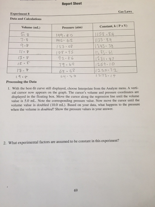 Solved Report Sheet Gas Laws Experiment 8 Data and