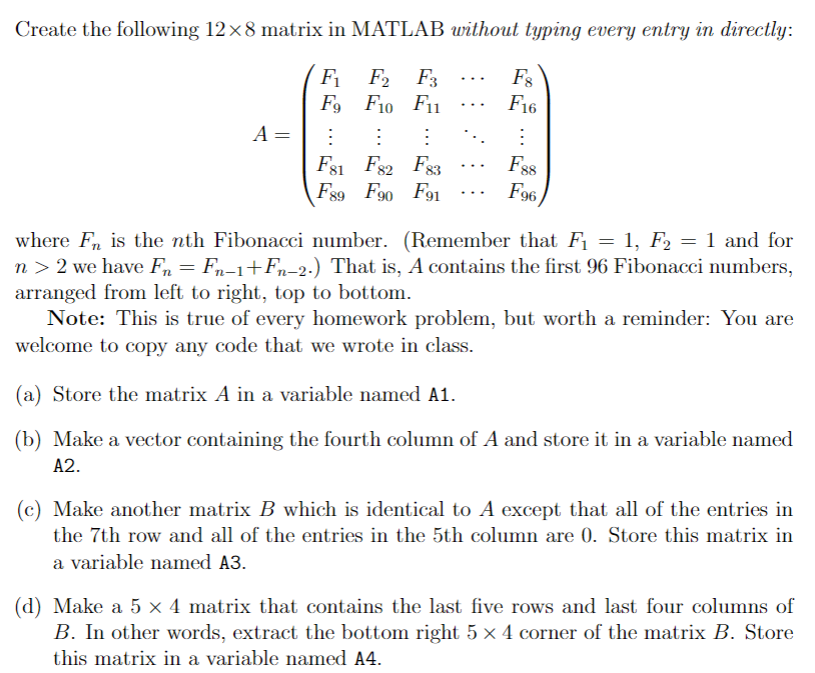 Solved Create the following 12 8 matrix in MATLAB without Chegg