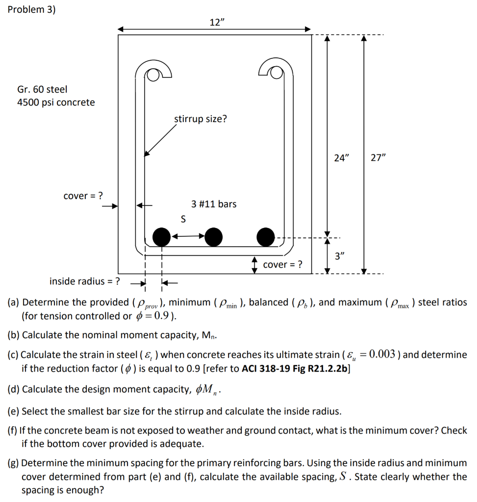 Solved Problem 3) 12" Gr. 60 steel 4500 psi concrete stirrup