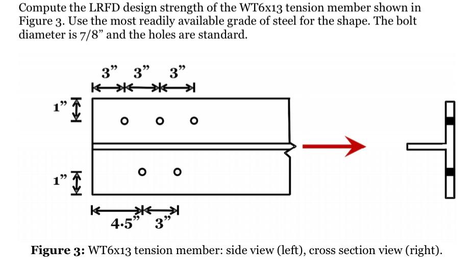 Compute the LRFD design strength of the WT6x13 tension member shown in Figure 3. Use the most readily available grade of stee