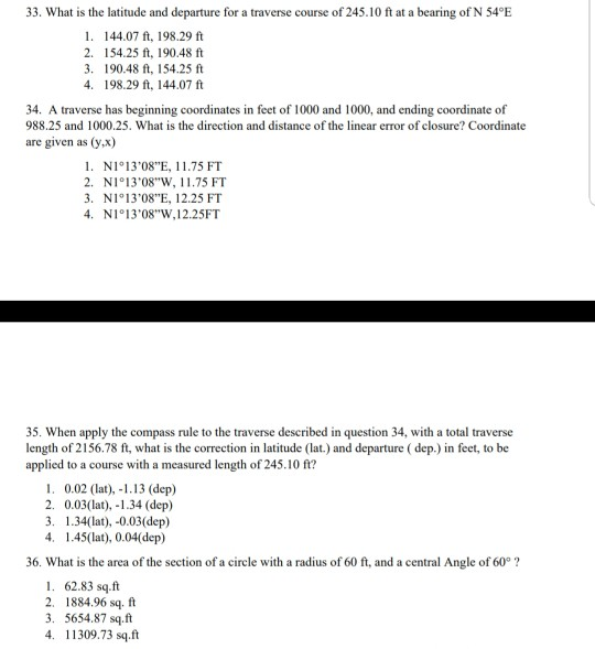 Solved 33. What is the latitude and departure for a traverse | Chegg.com