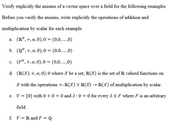 Solved Verify explicitly the axioms of a vector space over a | Chegg.com