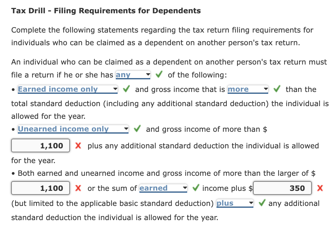 Solved Tax Drill Filing Requirements for Dependents