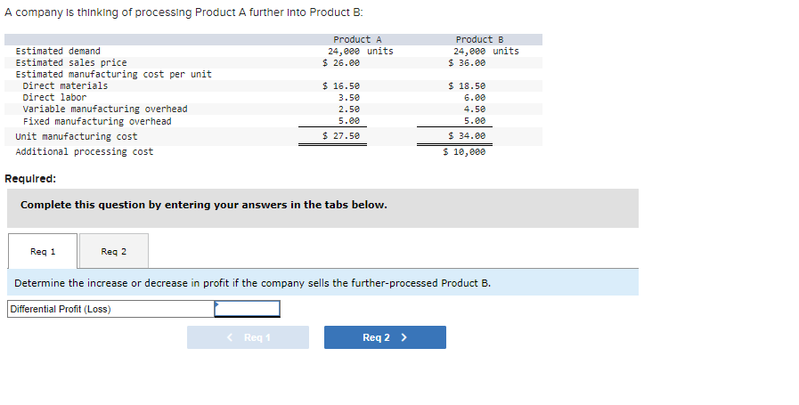 Solved A Company Is Thinking Of Processing Product A Further | Chegg.com