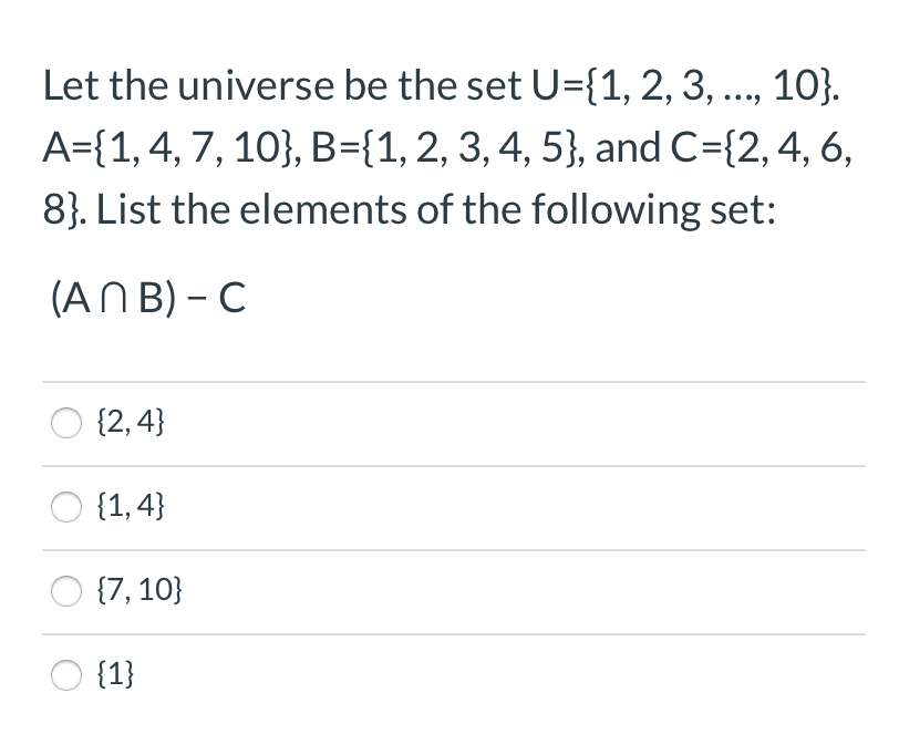 Solved Let The Universe Be The Set U={1, 2, 3, ..., 10}. | Chegg.com