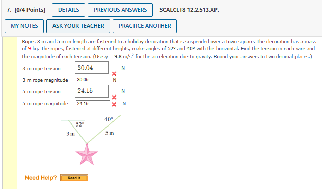 Solved Ropes 3 m and 5 m in length are fastened to a holiday | Chegg.com