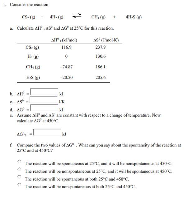 Solved 1. Consider the reaction CS, (g) + 4H2 (g) CH4 (g) 4H