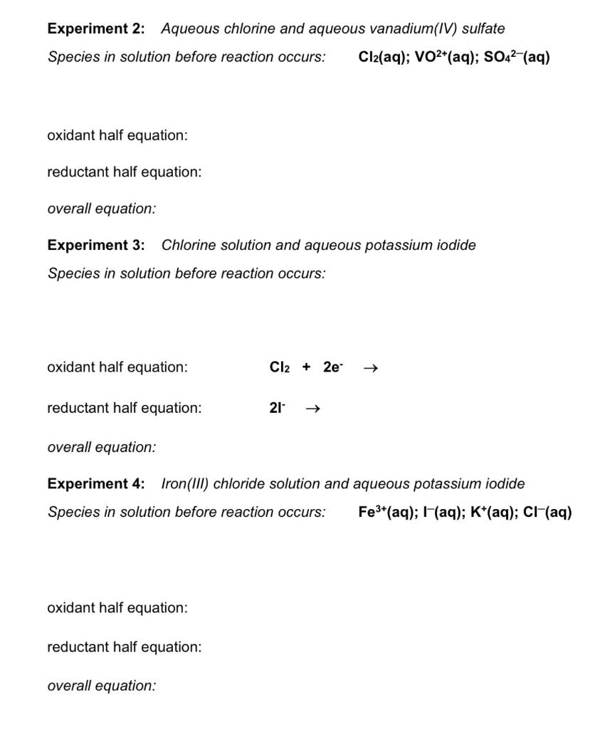 Solved Experiment 2 Aqueous chlorine and aqueous