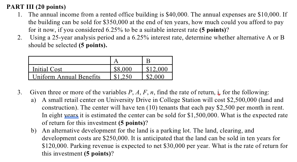 Solved PART III (20 points) 1. The annual income from a | Chegg.com