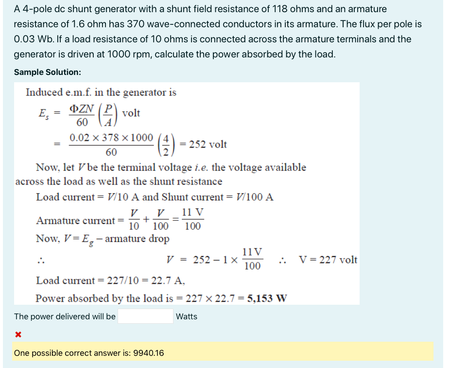 Solved () = Es A 4pole dc shunt generator with a shunt