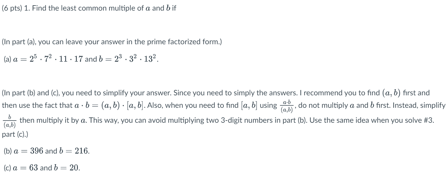 Solved (6 Pts) 1 . Find The Least Common Multiple Of A And B | Chegg.com