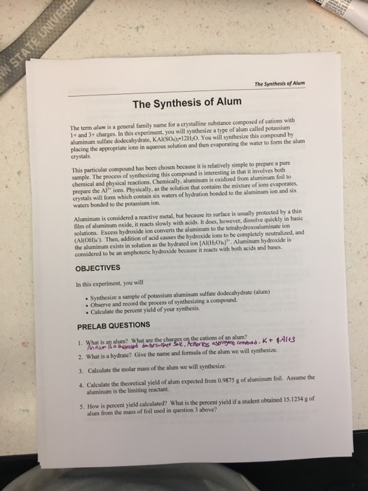 Solved The Synthesis of Alum The Synthesis of Alum The term