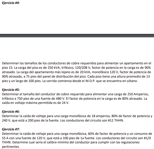 Ejercicio \#4: Determinar los tamaños de los conductores de cobre requeridos para alimentar un apartamento en el piso 15. La