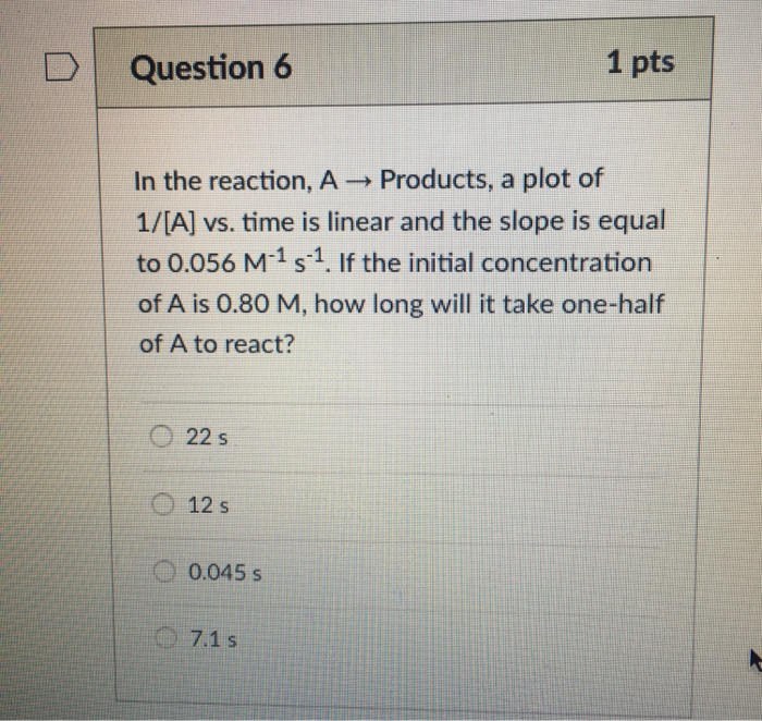 Solved 1 pts D | Question 6 In the reaction, A- Products, a | Chegg.com