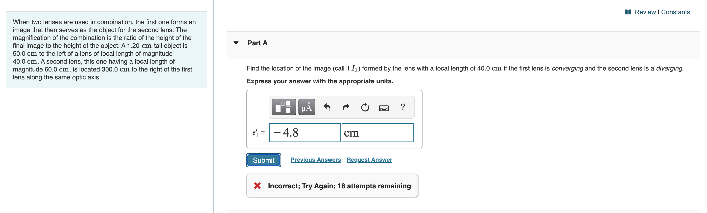 Solved | Review | Constants Part A When two lenses are used | Chegg.com