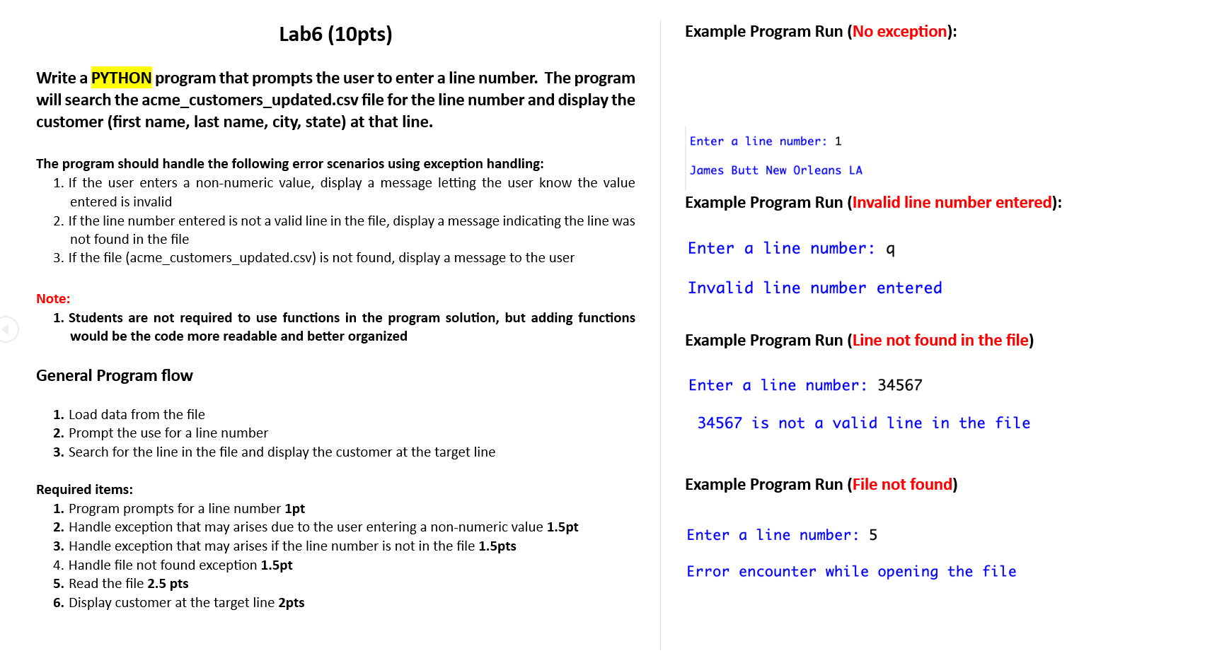 Solved Lab6 (10pts) Example Program Run (No exception): | Chegg.com