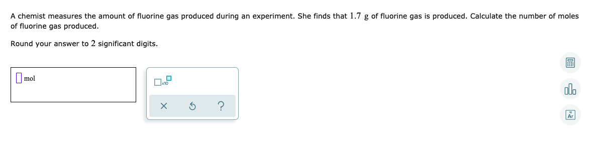 Solved A Chemist Measures The Amount Of Fluorine Gas Chegg Com   PhpP77vEb 